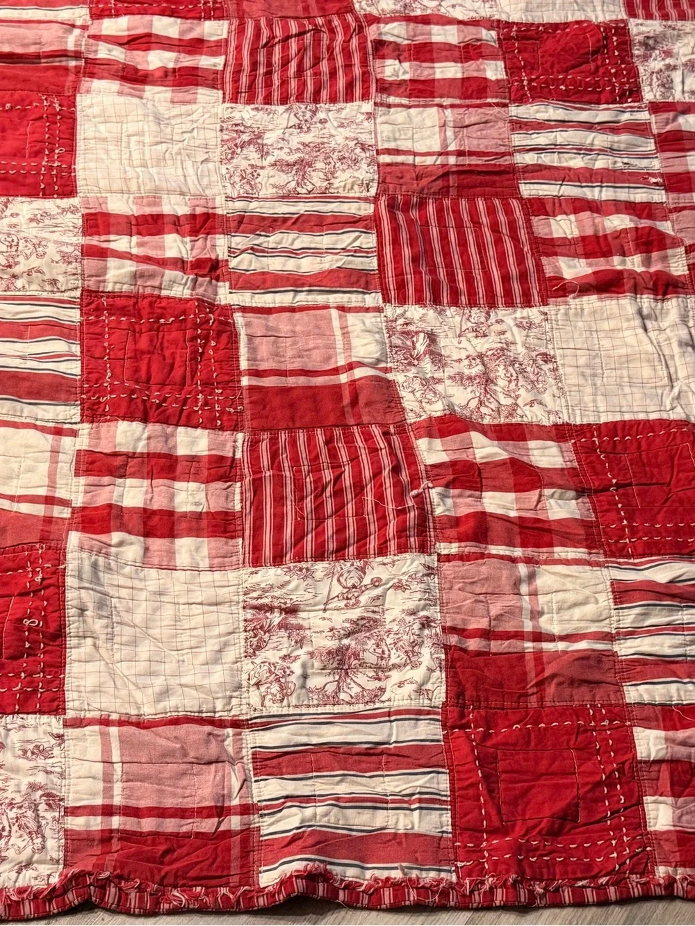 Vintage Red Patchwork Cutter Quilt Checks Toile Stripes 46 x 84